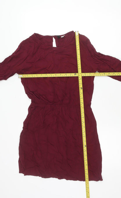 H&M Divided Women Red Long Sleeve Shift Dress Size 8 Keyhole Neck
