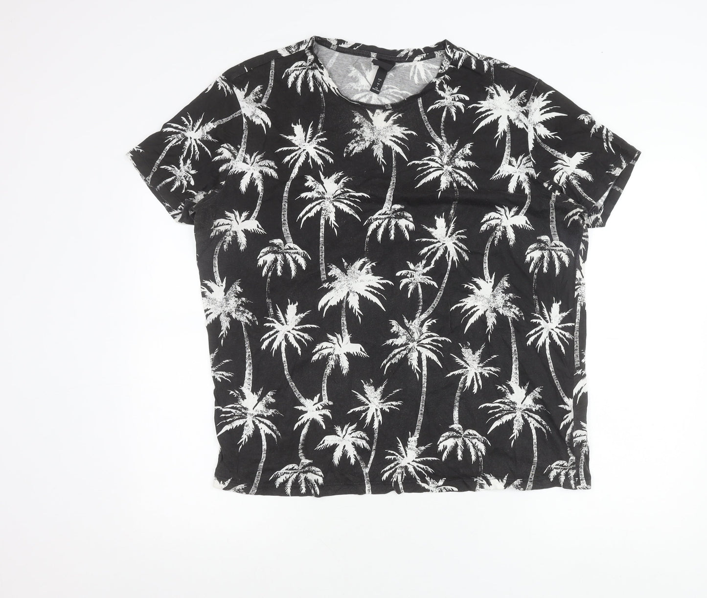 H&M Womens Black Palm Tree Print Cotton T-Shirt Size L Short Sleeve