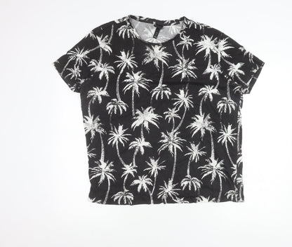 H&M Womens Black Palm Tree Print Cotton T-Shirt Size L Short Sleeve