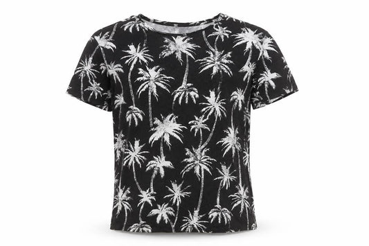 H&M Womens Black Palm Tree Print Cotton T-Shirt Size L Short Sleeve