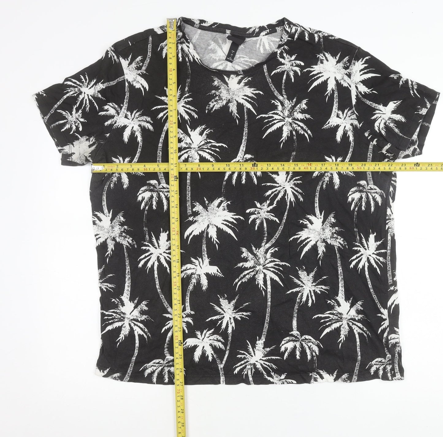 H&M Womens Black Palm Tree Print Cotton T-Shirt Size L Short Sleeve