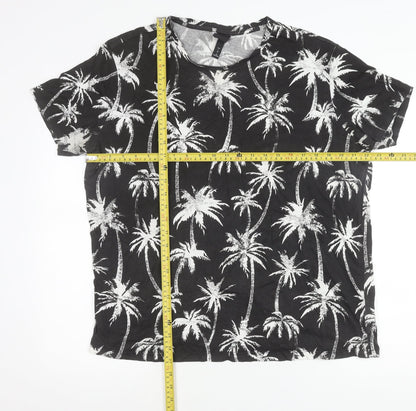 H&M Womens Black Palm Tree Print Cotton T-Shirt Size L Short Sleeve