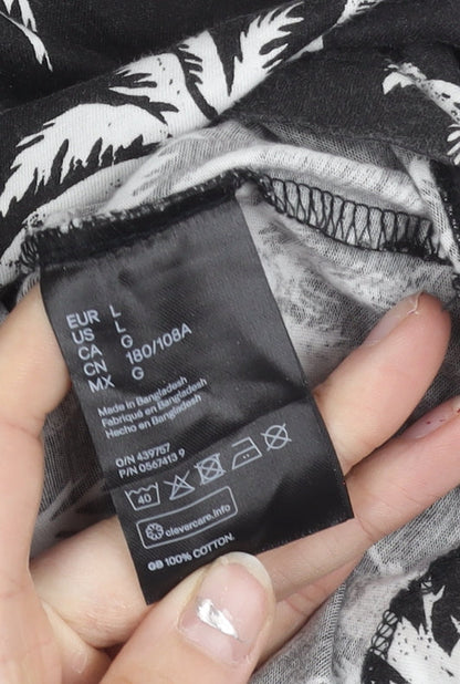 H&M Womens Black Palm Tree Print Cotton T-Shirt Size L Short Sleeve