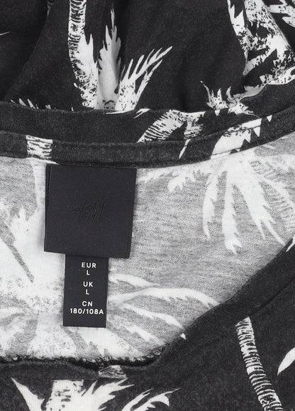 H&M Womens Black Palm Tree Print Cotton T-Shirt Size L Short Sleeve