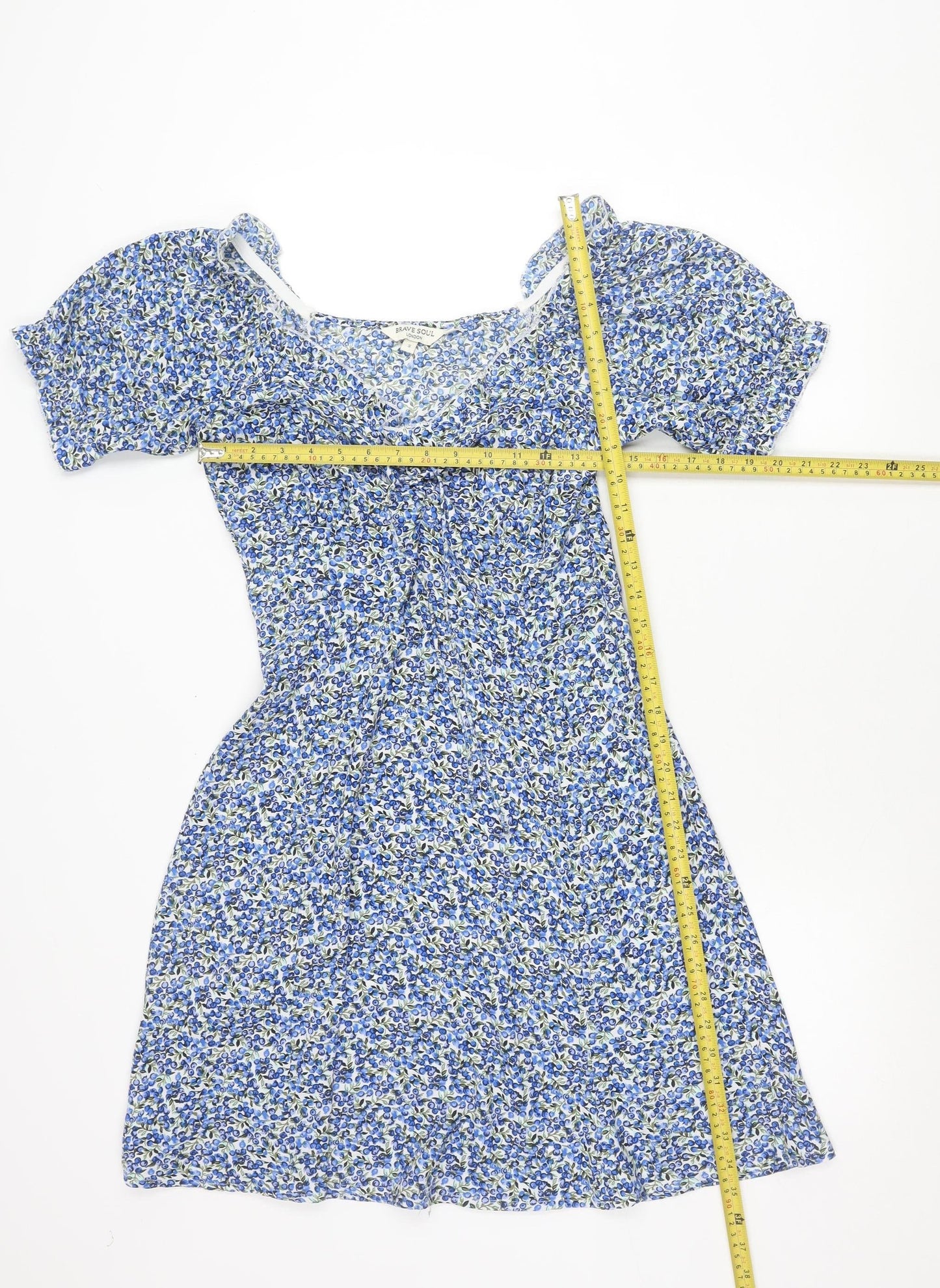 Brave Soul Women’s Blue Floral A-Line Short Puff Sleeve Dress S