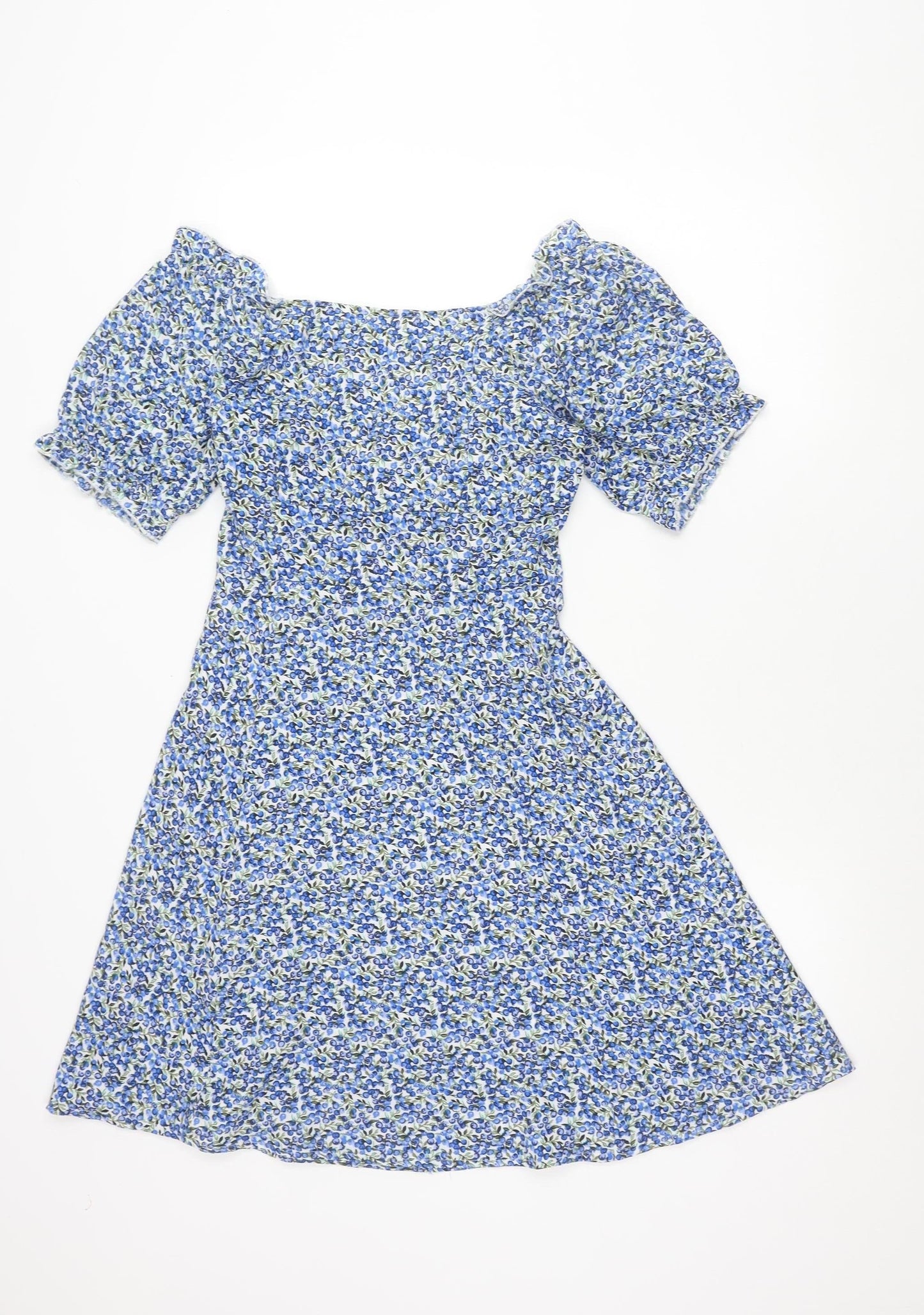 Brave Soul Women’s Blue Floral A-Line Short Puff Sleeve Dress S