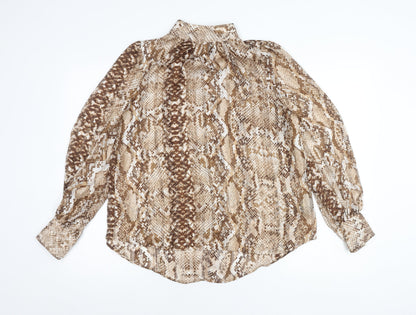 H&M Women’s Brown Snake Print Blouse UK 8 High Neck Long Sleeve