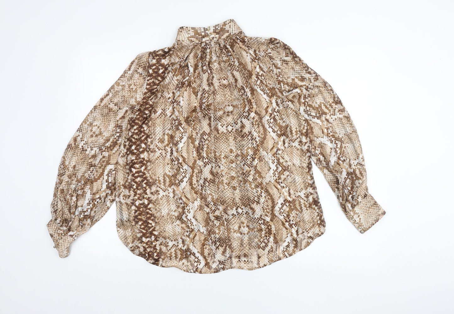 H&M Women’s Brown Snake Print Blouse UK 8 High Neck Long Sleeve