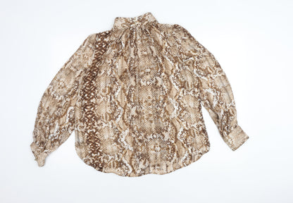 H&M Women’s Brown Snake Print Blouse UK 8 High Neck Long Sleeve