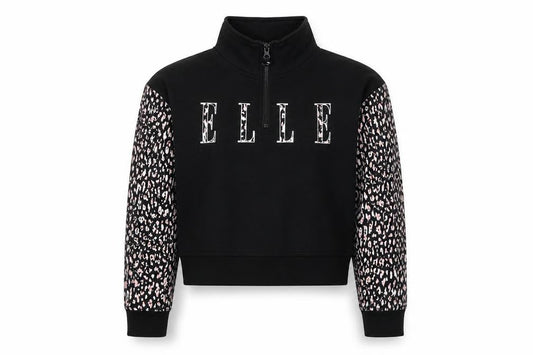 Front view of ELLE Junior girls’ black animal print zip sweatshirt 9 years