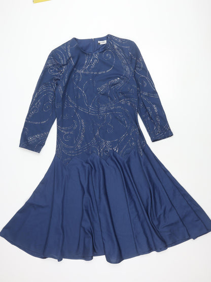 Damart Women’s Blue Fit & Flare Glitter Dress Size 10 Long Sleeve Party