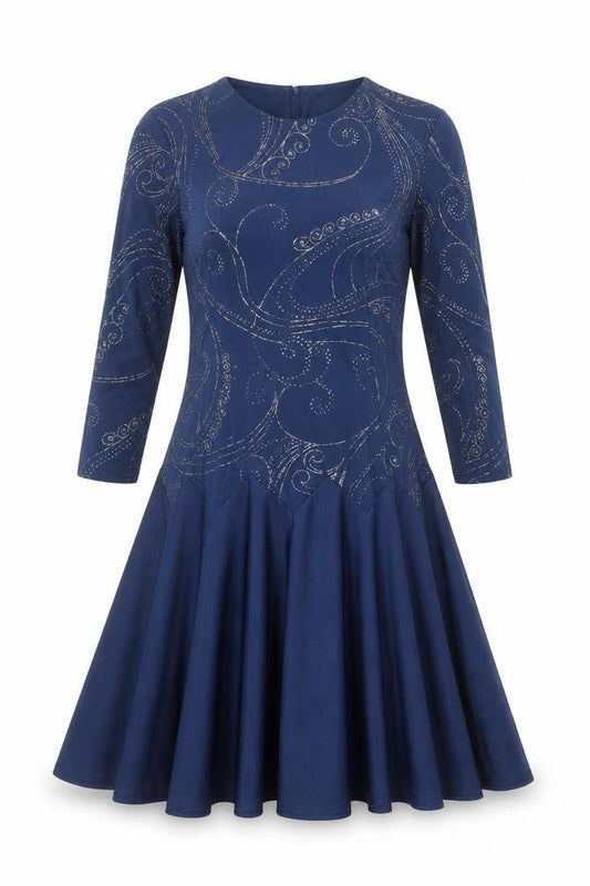 Damart Women’s Blue Fit & Flare Glitter Dress Size 10 Long Sleeve Party