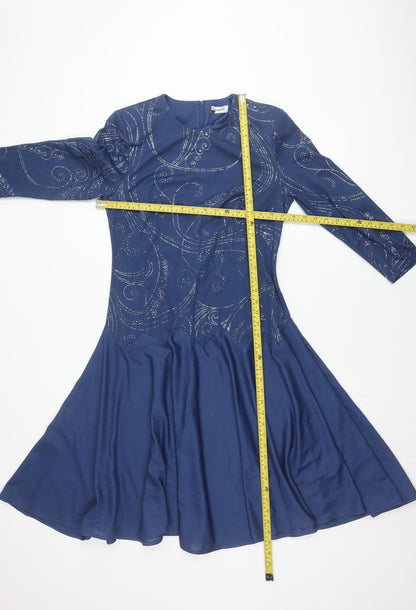 Damart Women’s Blue Fit & Flare Glitter Dress Size 10 Long Sleeve Party