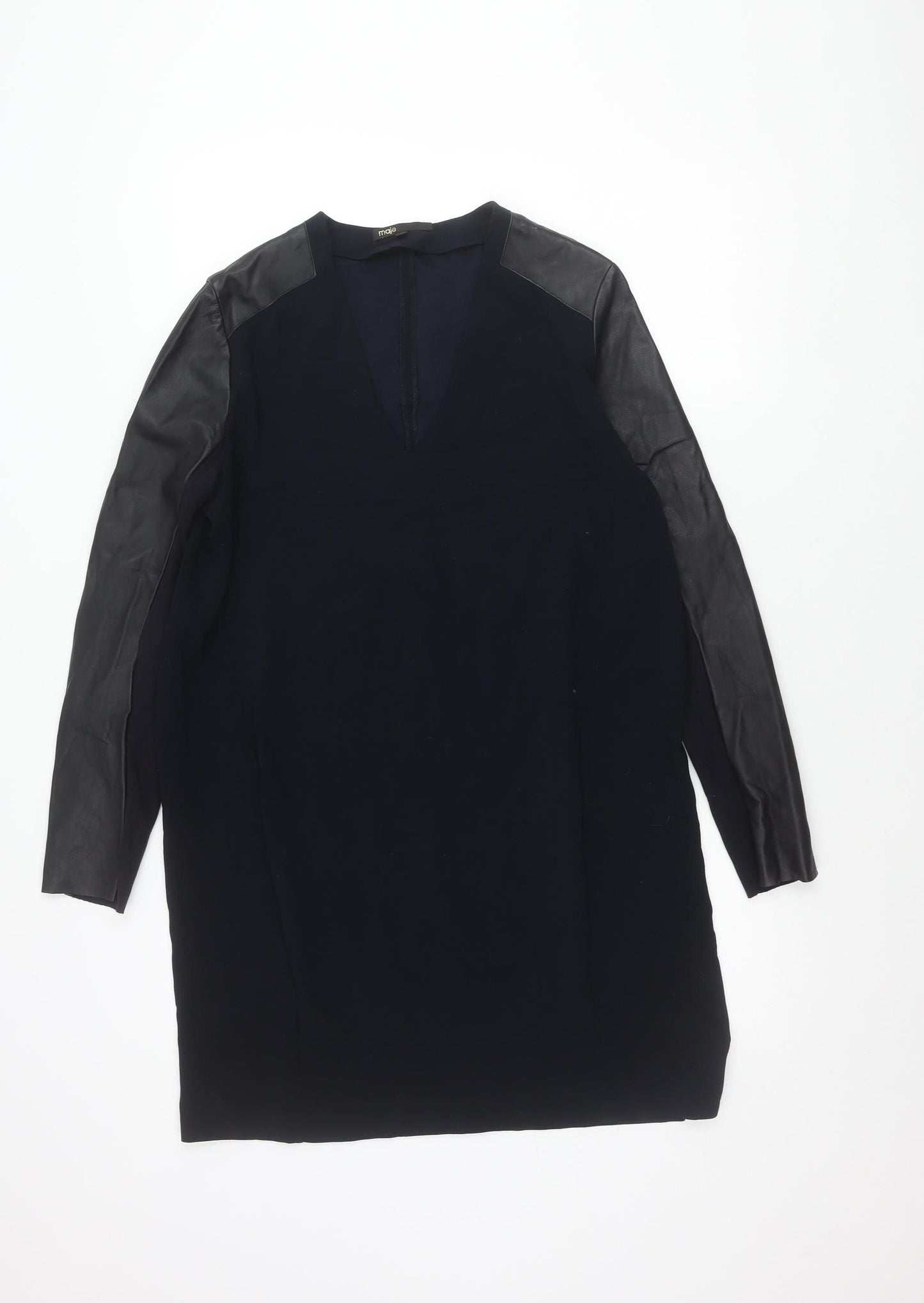 Maje Womens Black Tunic Blouse Size 12 Long Sleeve V-Neck Sheepskin Detail