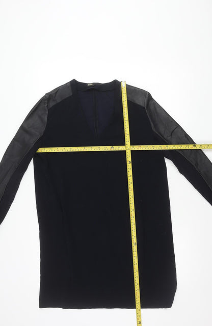 Maje Womens Black Tunic Blouse Size 12 Long Sleeve V-Neck Sheepskin Detail