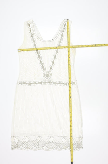 Gatsbylady London Women White Sequin Beaded 20s Sheath Dress Size 16