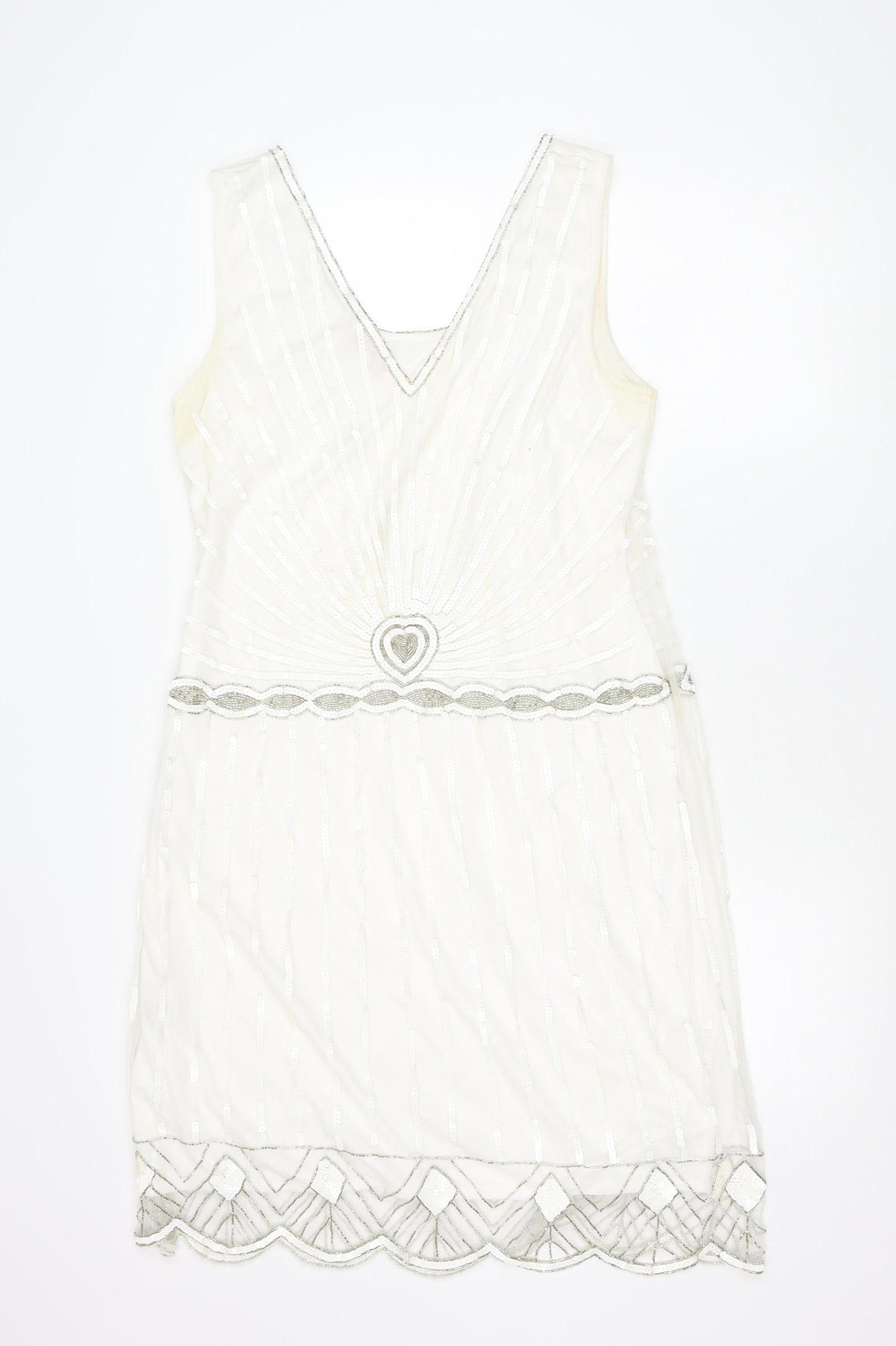 Gatsbylady London Women White Sequin Beaded 20s Sheath Dress Size 16