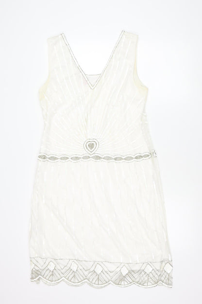 Gatsbylady London Women White Sequin Beaded 20s Sheath Dress Size 16