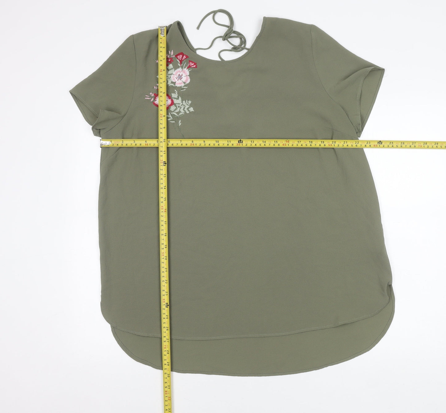 New Look Women’s Green Embroidered V-Neck Short Sleeve Blouse Size 12