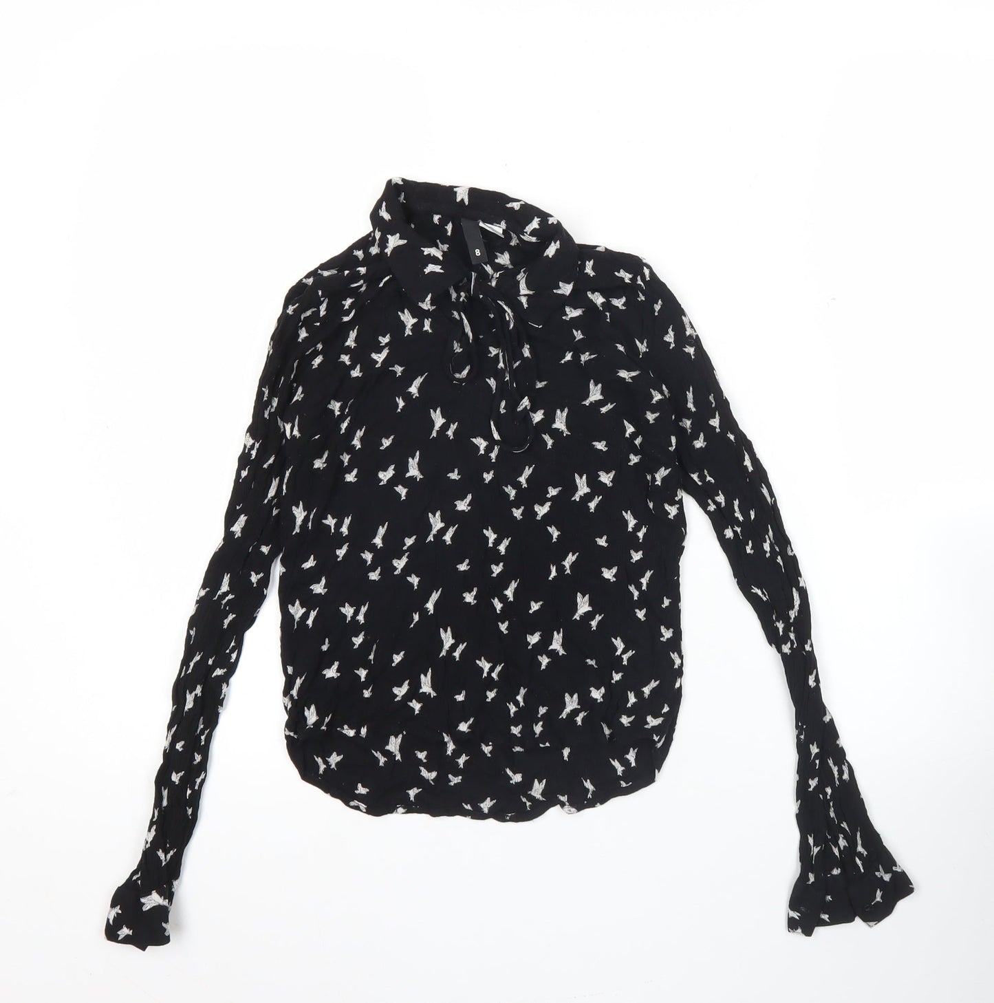 H&M Women’s Black Bird Print Long Sleeve Tunic Blouse Size 6