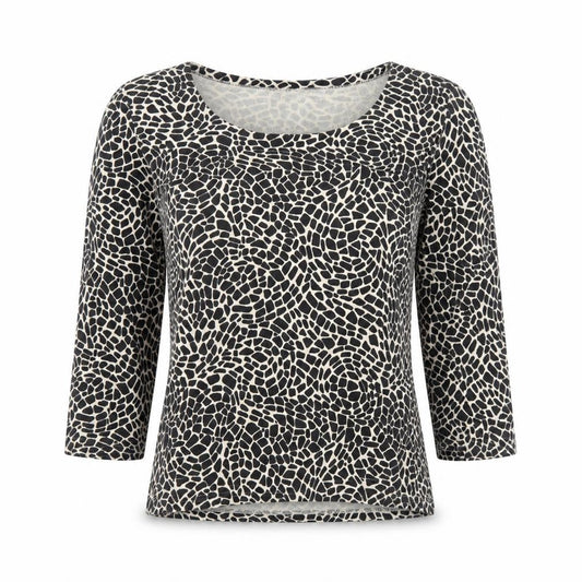 Minuet Women's Black Animal Print Jersey Top Size 8 3/4 Sleeve Scoop Neck