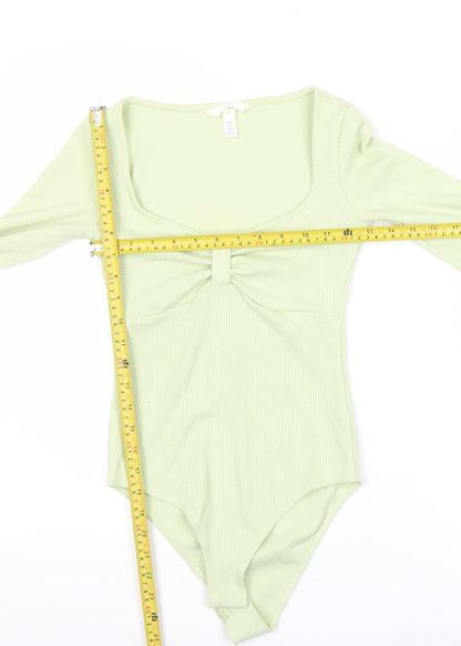 H&M Women’s Green XS Long Sleeve Bodysuit Scoop Neck Slim Fit