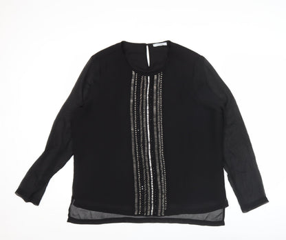 Marks and Spencer Womens Black Beaded Blouse Size 16 Long Sleeve Polyester