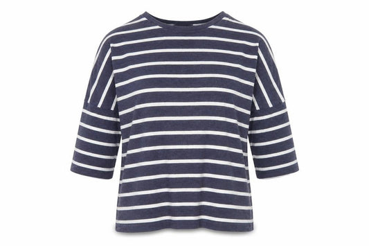 Front view of Linea Weekend Women Blue Striped Boat Neck 3/4 Sleeve T-Shirt, size S