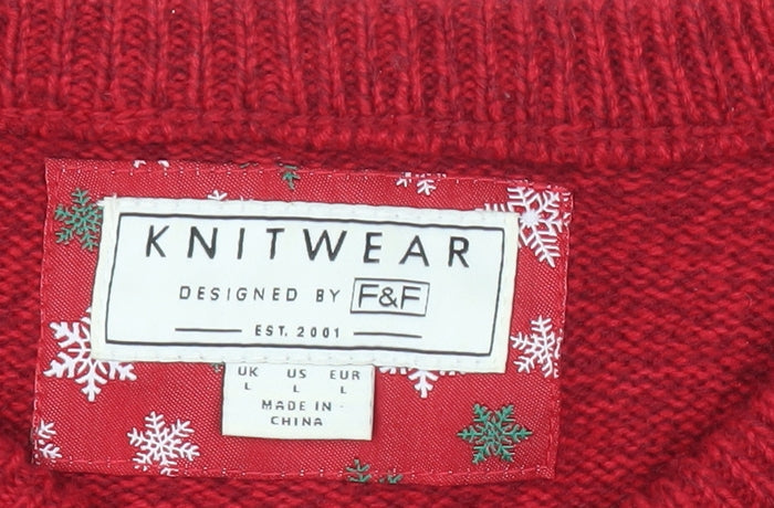F&F Mens Red Christmas Crew Neck Jumper L Graphic Knitwear