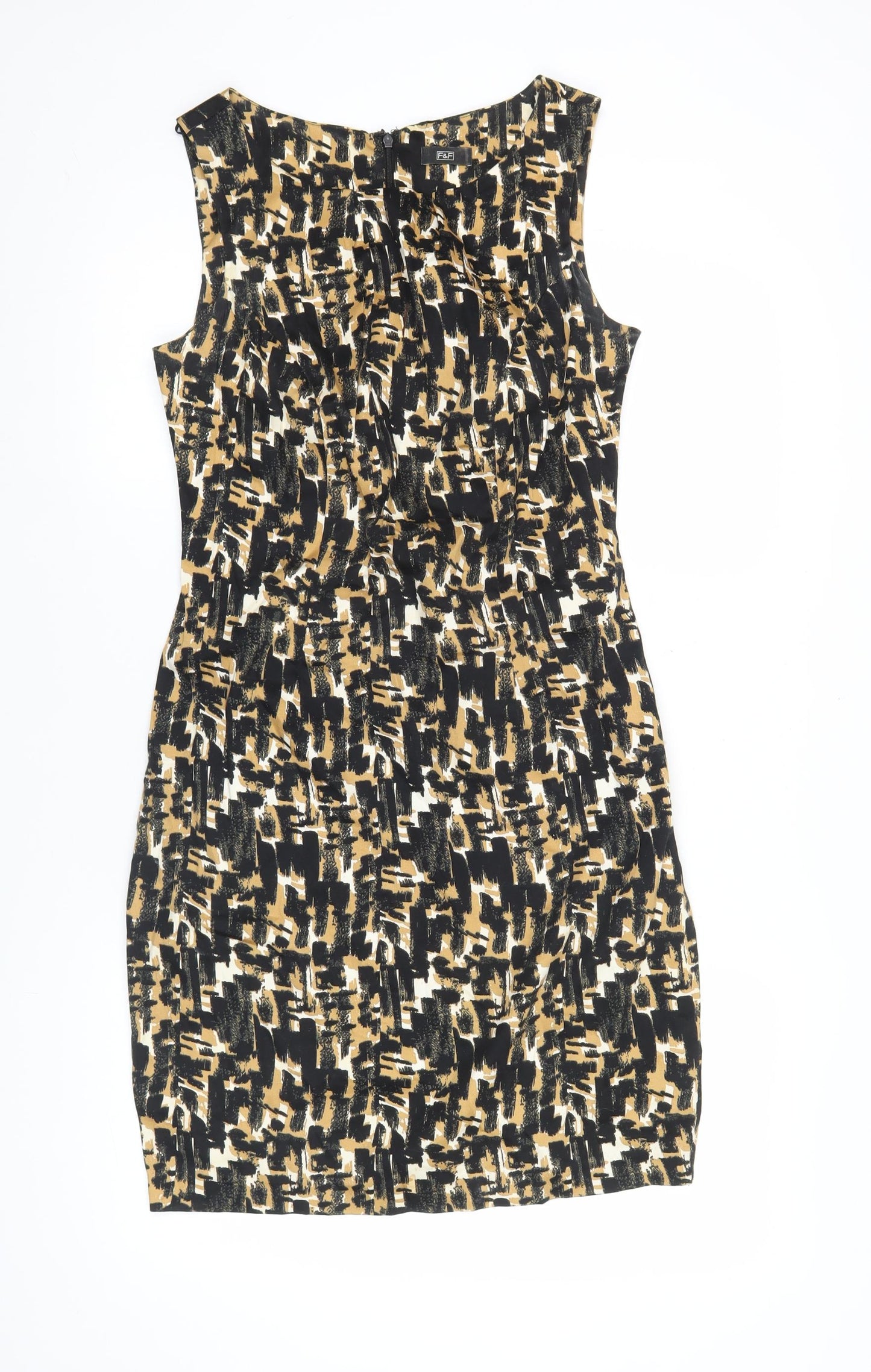 F&F Women’s Black Beige Bodycon Dress Size 10 Sleeveless Ruched