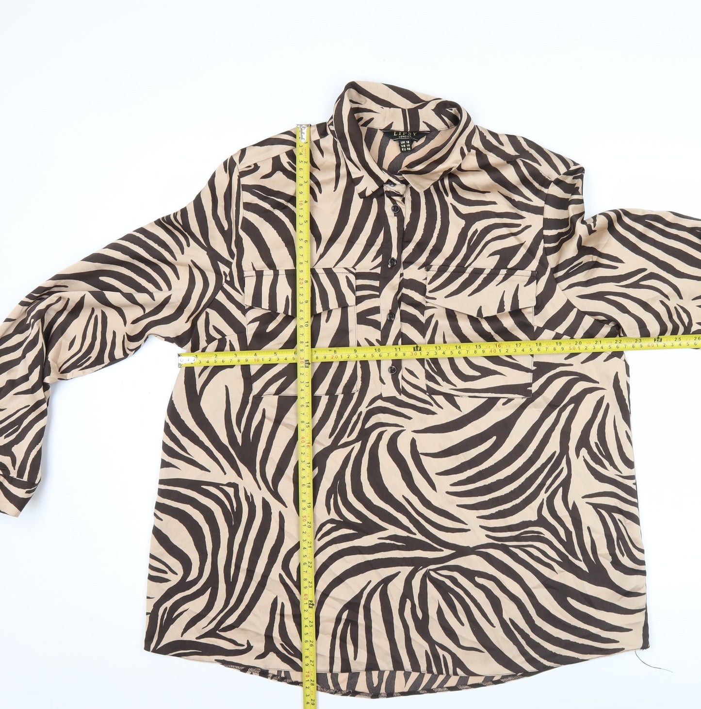 Lipsy Women’s Beige Animal Print Button-Up Blouse Size 18
