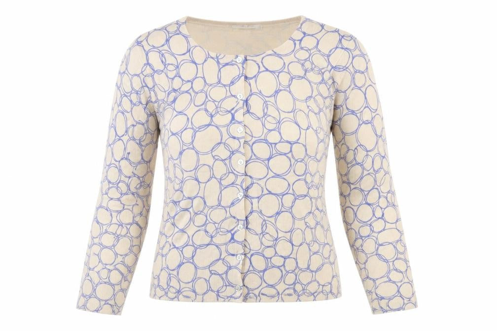 Front view of Linea women’s beige geometric button cardigan l regular fit
