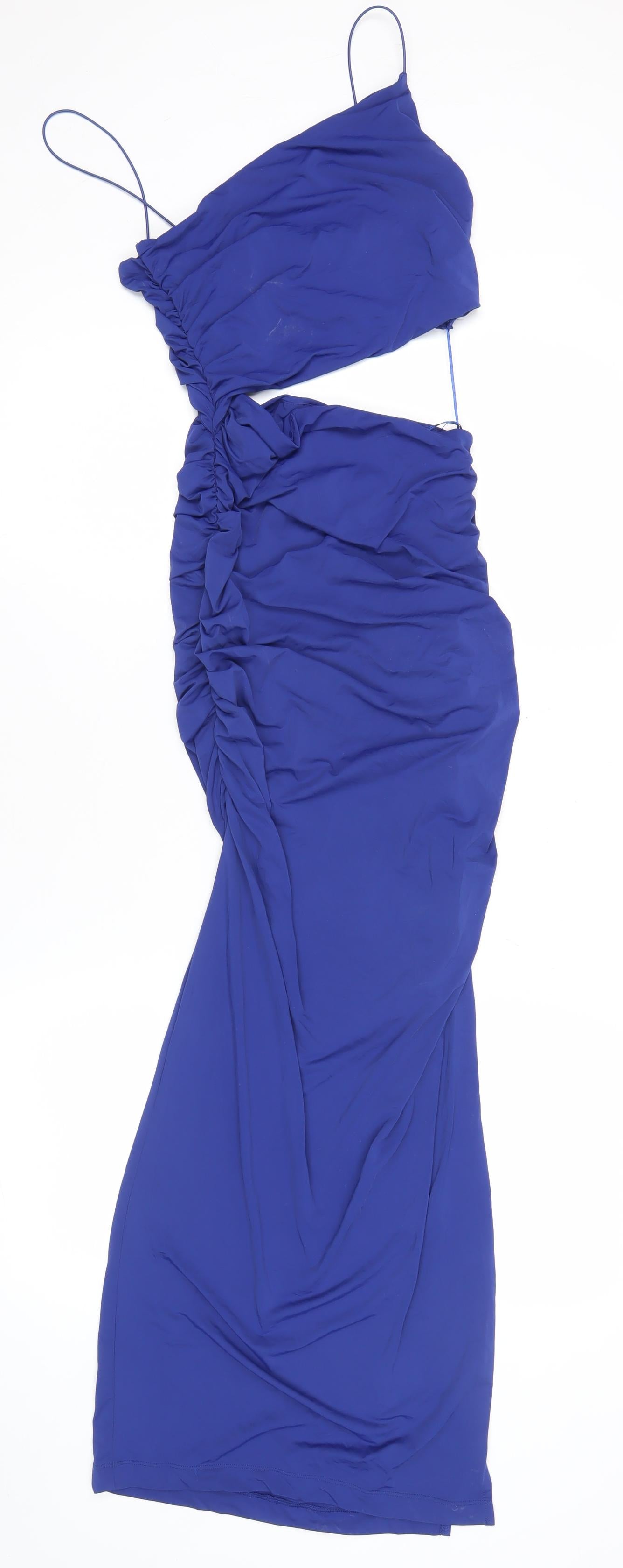 Zara Women’s Blue Long Slip Dress Size 14 V-Neck Ruched Sleeveless