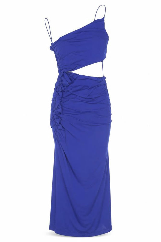 Zara Women’s Blue Long Slip Dress Size 14 V-Neck Ruched Sleeveless