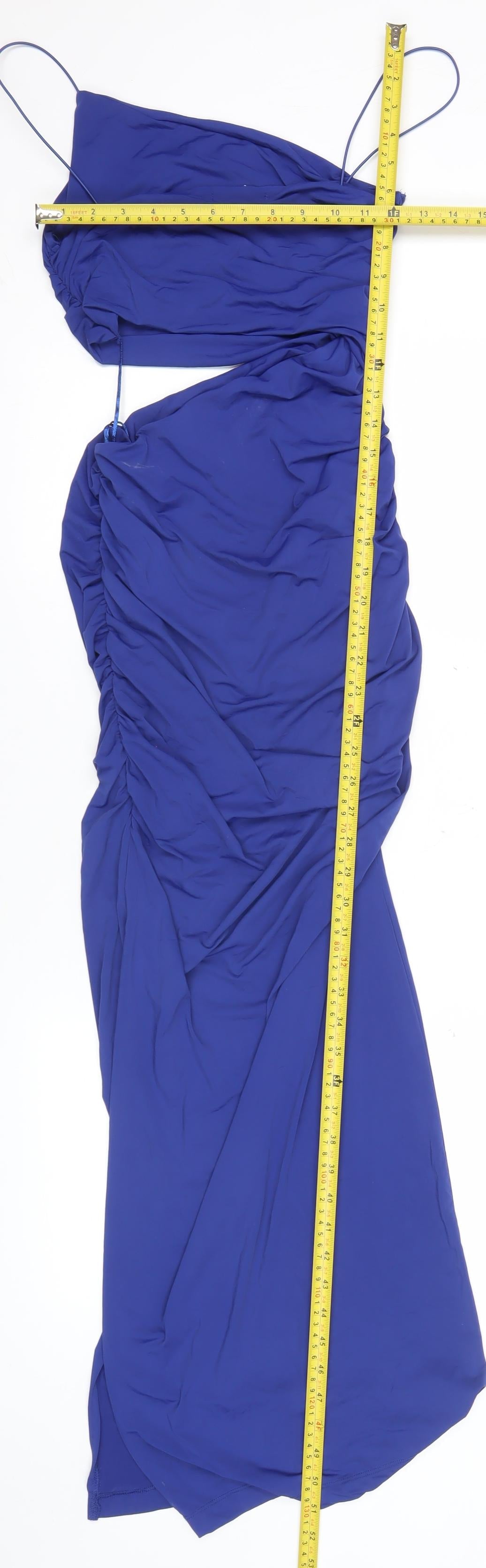 Zara Women’s Blue Long Slip Dress Size 14 V-Neck Ruched Sleeveless