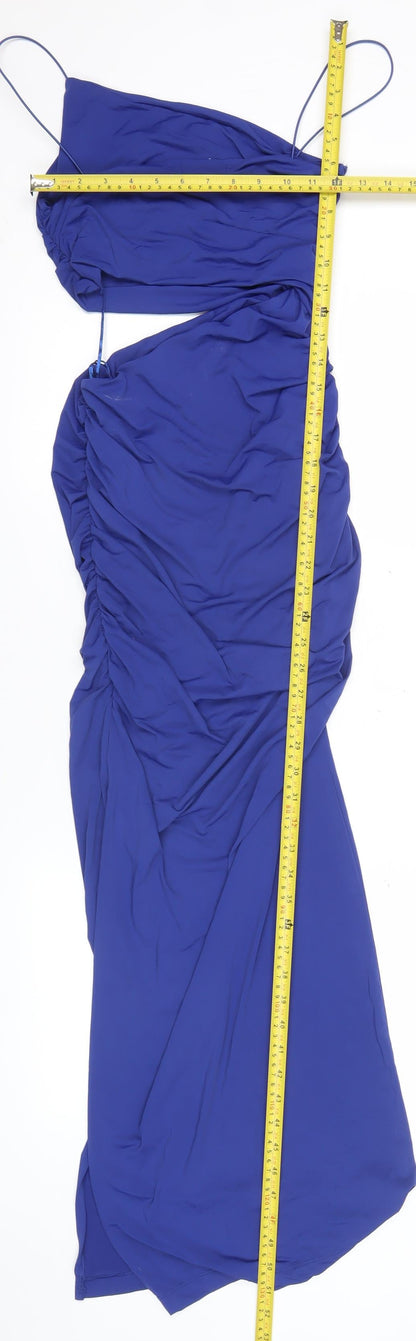 Zara Women’s Blue Long Slip Dress Size 14 V-Neck Ruched Sleeveless