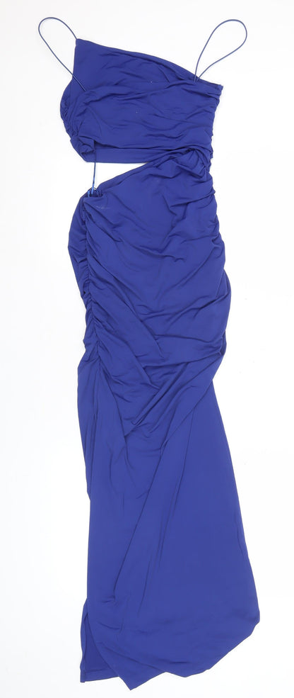 Zara Women’s Blue Long Slip Dress Size 14 V-Neck Ruched Sleeveless