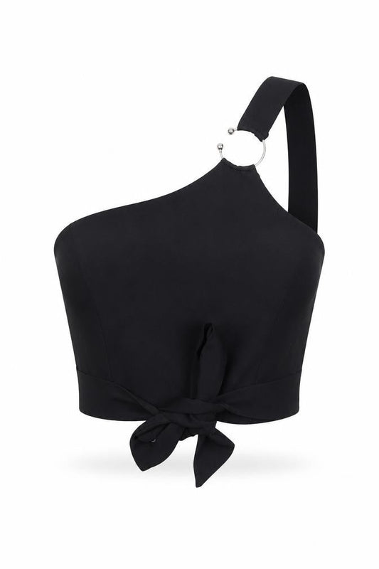 River Island Women’s Black One Shoulder Cropped Blouse Size 12 Party Top