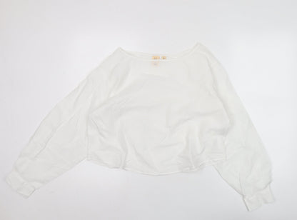 Uniqlo Women’s White Cotton Cropped Blouse L Long Sleeve Boat Neck