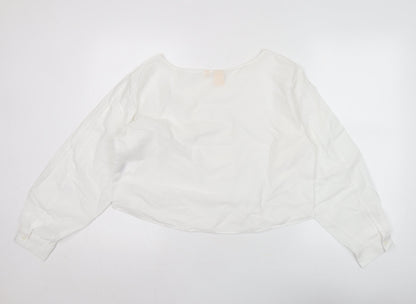 Uniqlo Women’s White Cotton Cropped Blouse L Long Sleeve Boat Neck