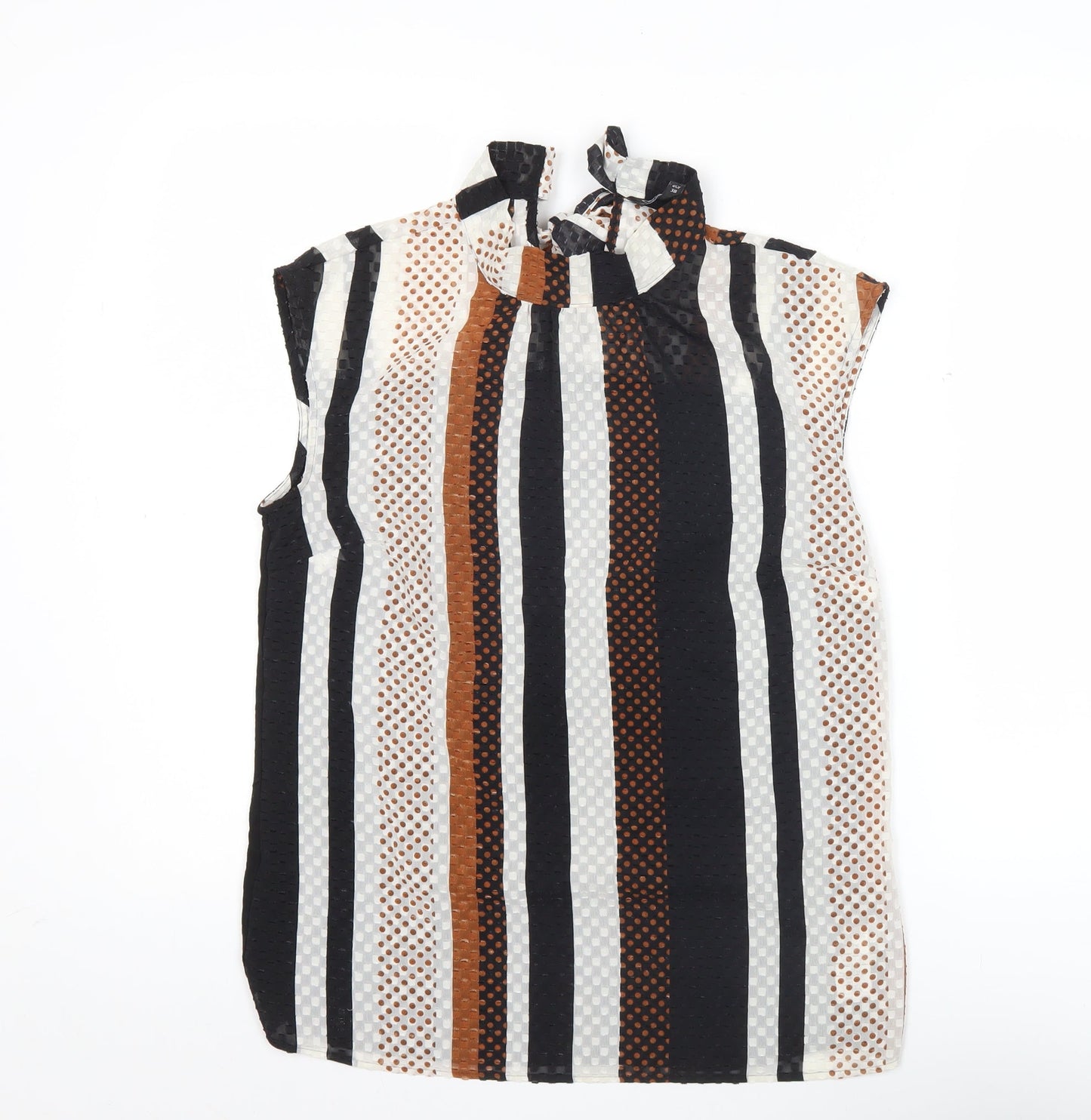 Next Women’s Petite Black Brown White Striped Bow Blouse Size 10P