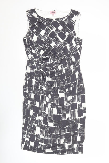 Phase Eight Womens Size 14 Black White Geometric Sheath Ruched Dress