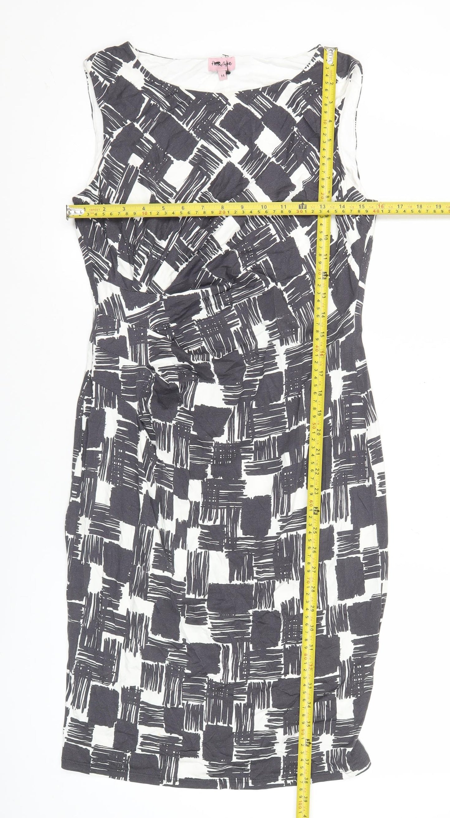 Phase Eight Womens Size 14 Black White Geometric Sheath Ruched Dress