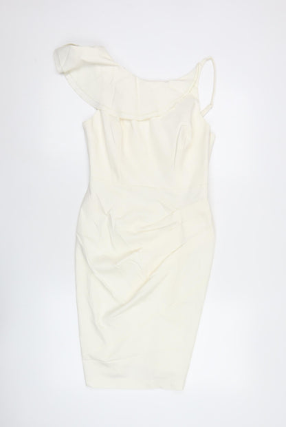 Lipsy Women Ivory One Shoulder Bodycon Dress Size 10 Ruffle Detail