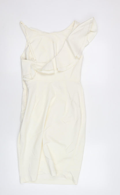 Lipsy Women Ivory One Shoulder Bodycon Dress Size 10 Ruffle Detail