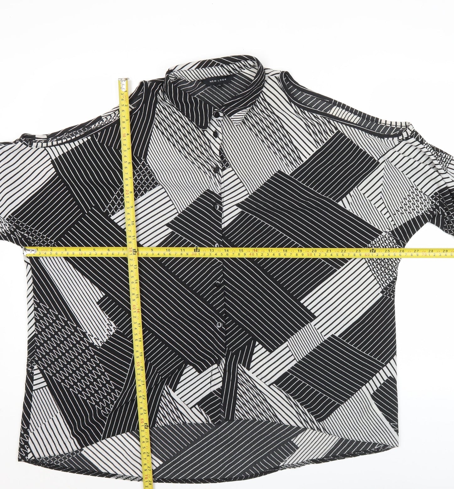 New Look Womens Black Geometric Cold Shoulder Button Up Shirt Size 12