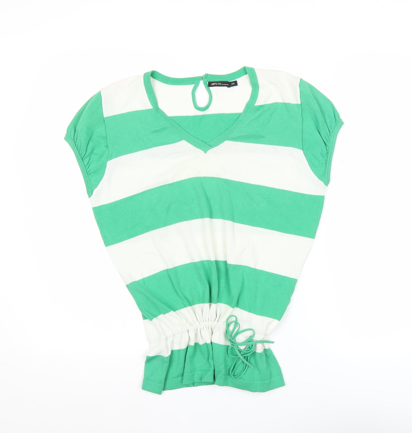 MISSON Women’s Green White Striped 2XL Tunic V-Neck Top