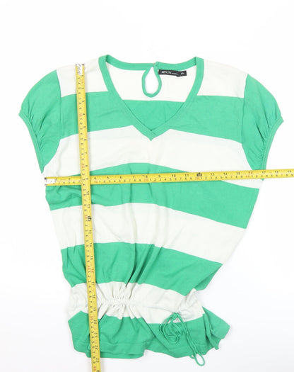 MISSON Women’s Green White Striped 2XL Tunic V-Neck Top