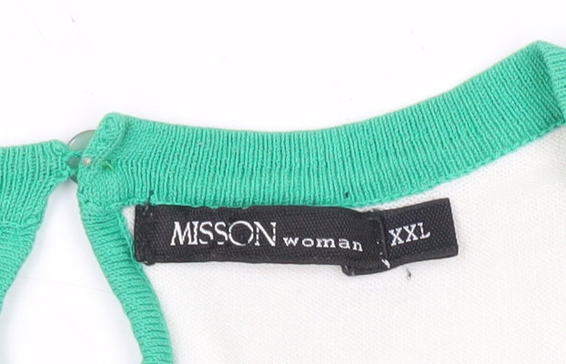 MISSON Women’s Green White Striped 2XL Tunic V-Neck Top