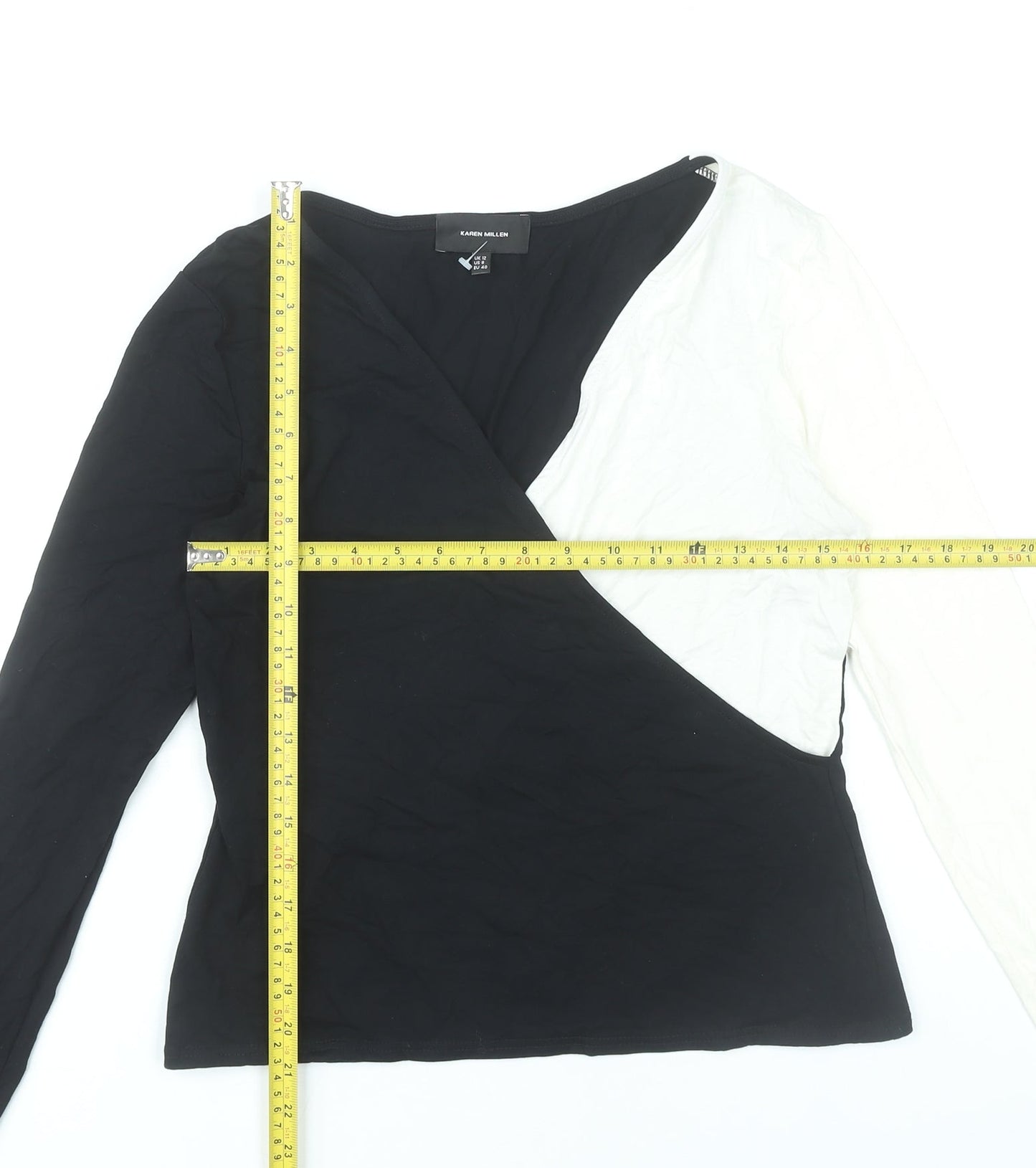 Karen Millen Women’s Black White Wrap Blouse UK 12 Long Sleeve Top